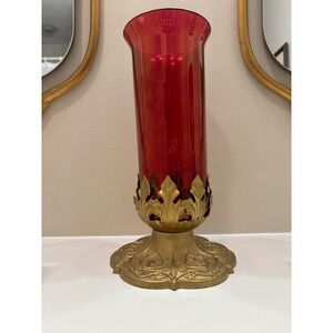 Koemch Kreuzer Candle Company Red Glass Sanctuary Lamp Holder VTG Brass Ornate